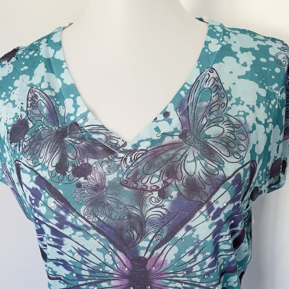 Y2K Sheer Butterfly Short Sleeve T-Shirt Womens Large V-Neck Burnout Colorful L - Picture 15 of 16